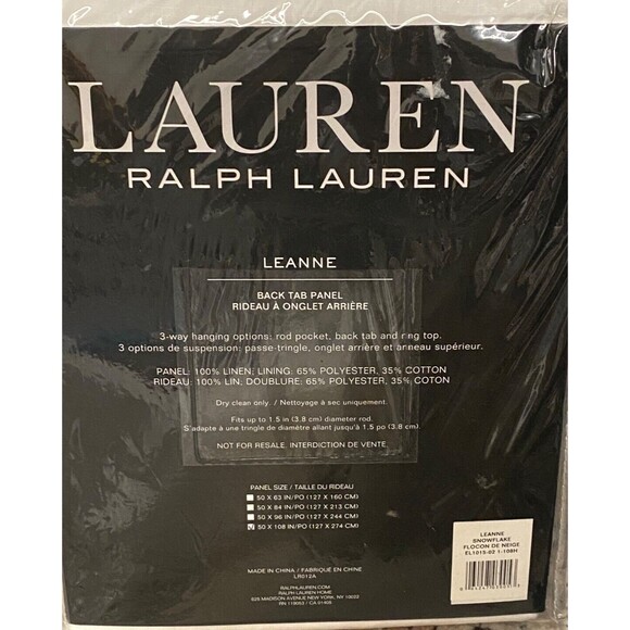 NIP LRL Ralph Lauren LEANNE 100% LINEN Back Tab Curtain Panel Drape 54x108 White - Picture 2 of 7